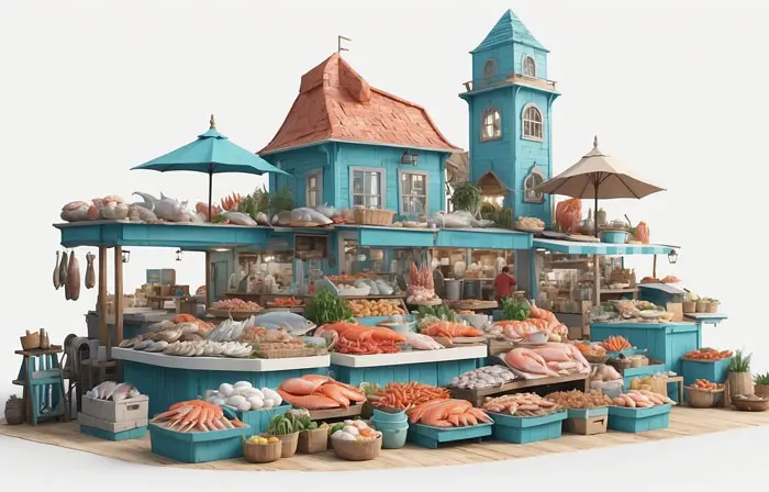 Fresh Fish on Sale at a Market 3D Design Art Illustration
